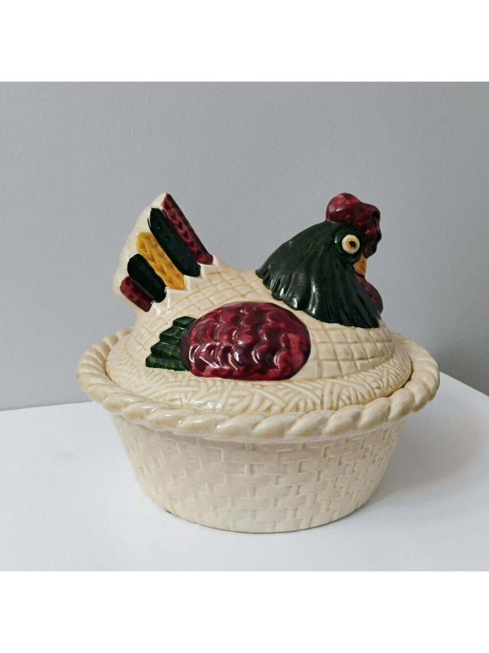 Vintage Metlox Hen on Nest Casserole, 9" Poppytrail Pottery Rooster Dish, Vernon